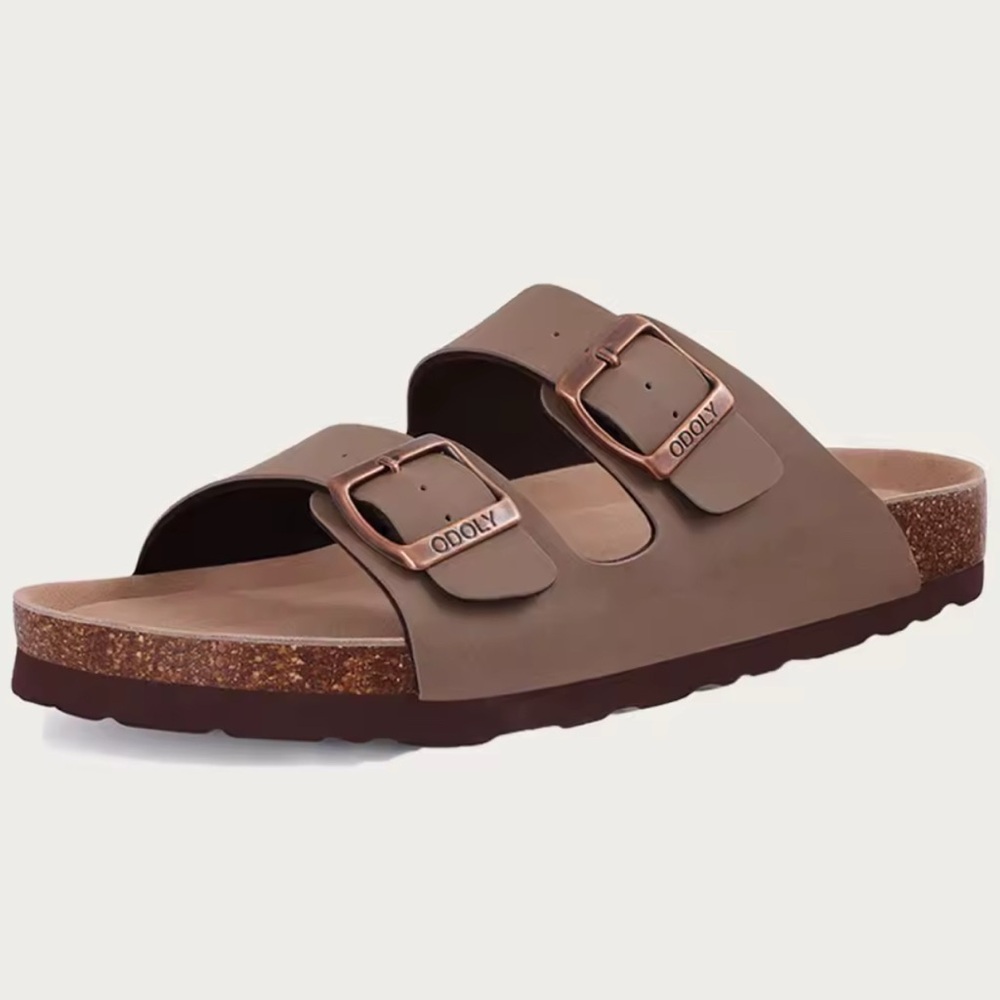 Brown Double Strap Women's Slippers